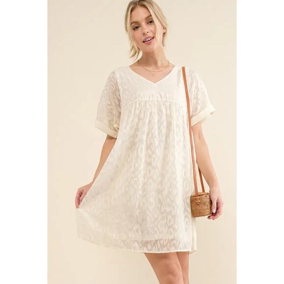 And The Why Woven Leopard Print Babydoll Roll-Sleeves Casual Mini Dress | White - Picture 4 of 9